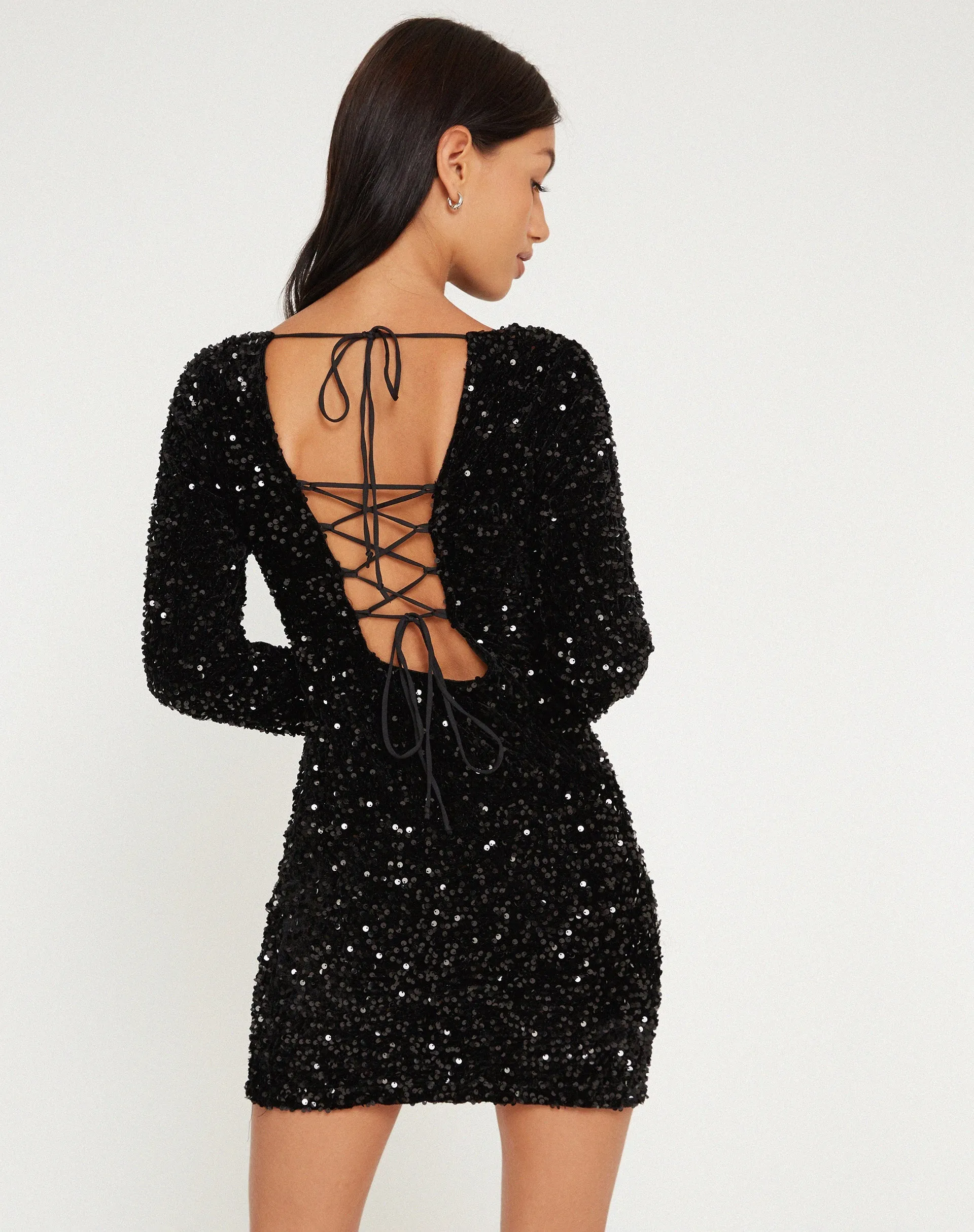 Onaki Long Sleeve Mini Dress in Mini Sequin Black