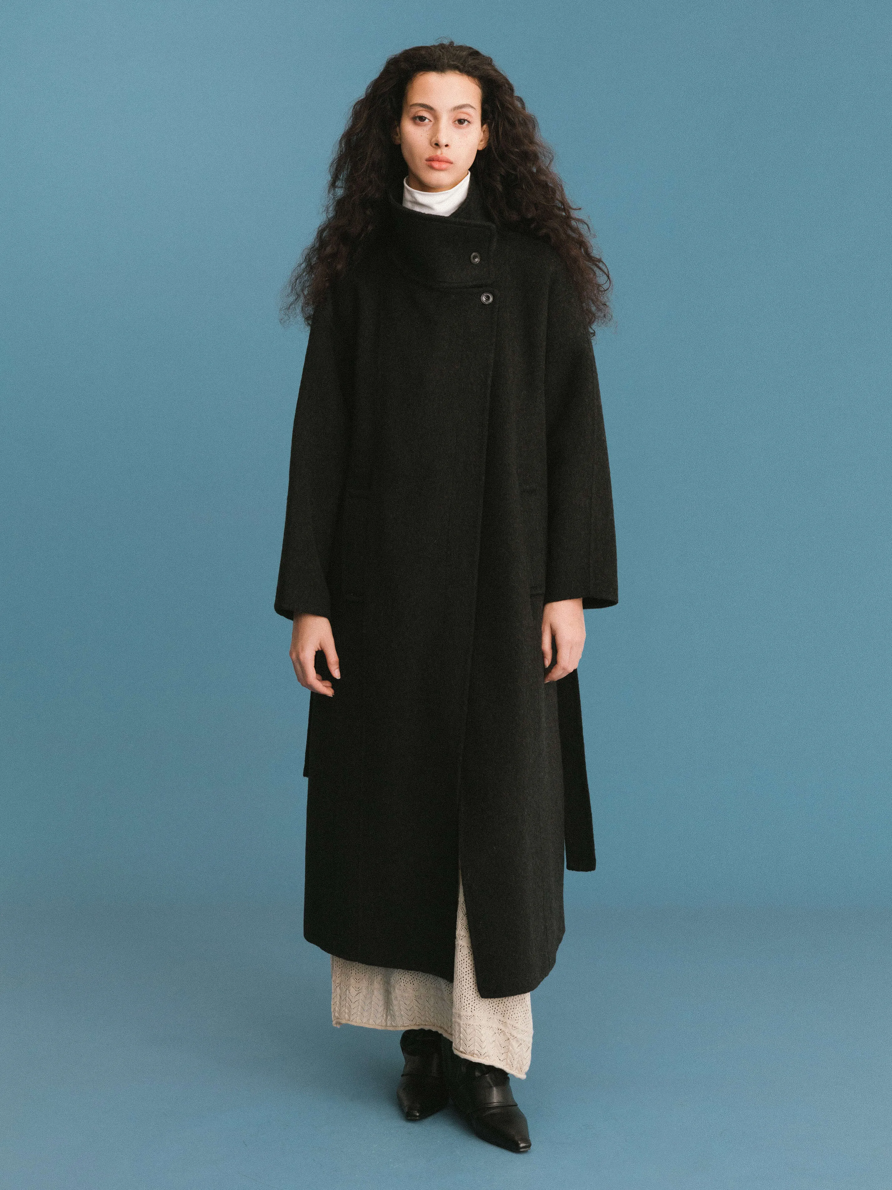 ONE BY CUBIC Double Face Tailored 100% Sheep Wool Coat with Belt