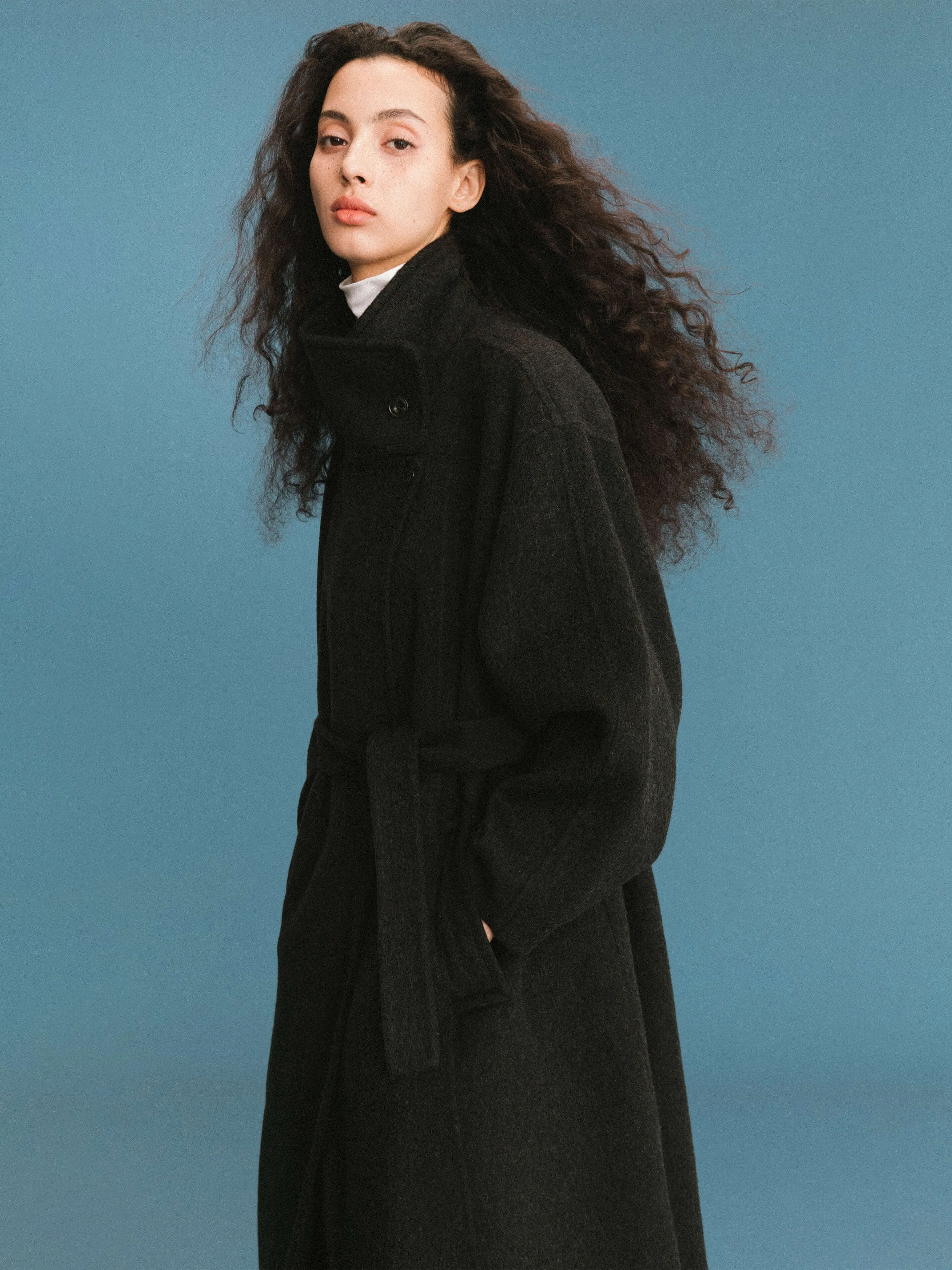 ONE BY CUBIC Double Face Tailored 100% Sheep Wool Coat with Belt