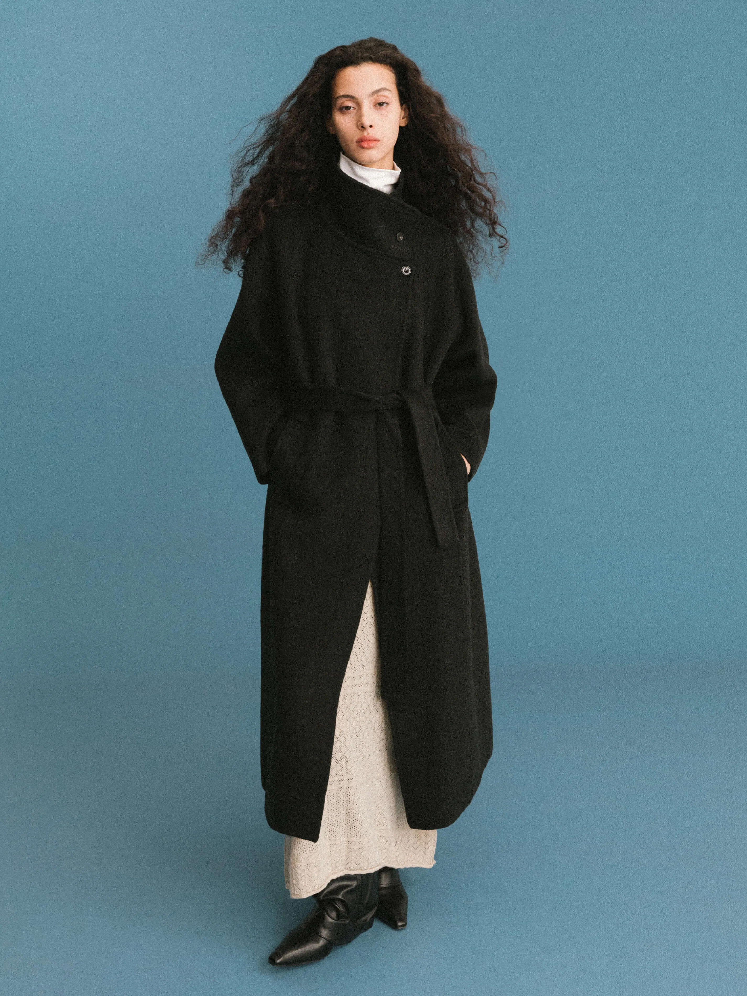 ONE BY CUBIC Double Face Tailored 100% Sheep Wool Coat with Belt