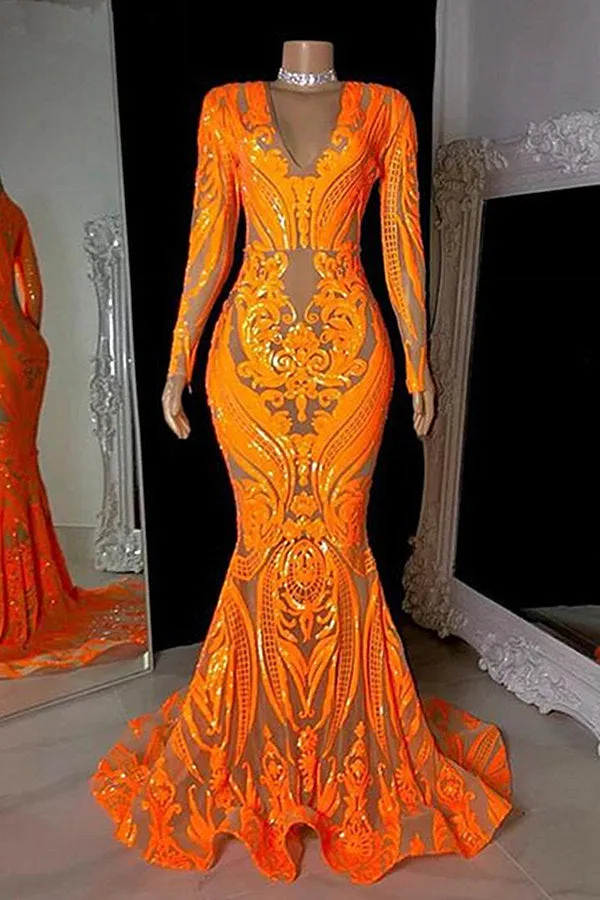 Orange Sequins V-neck Appliques Lace Floor-length Long Sleeve Mermaid Prom Dresses