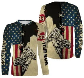 Personalized Motocross Racing Jersey American Flag Over Printed Hoodie Long Sleeve, MotoX Dirt Bike Motorcycle