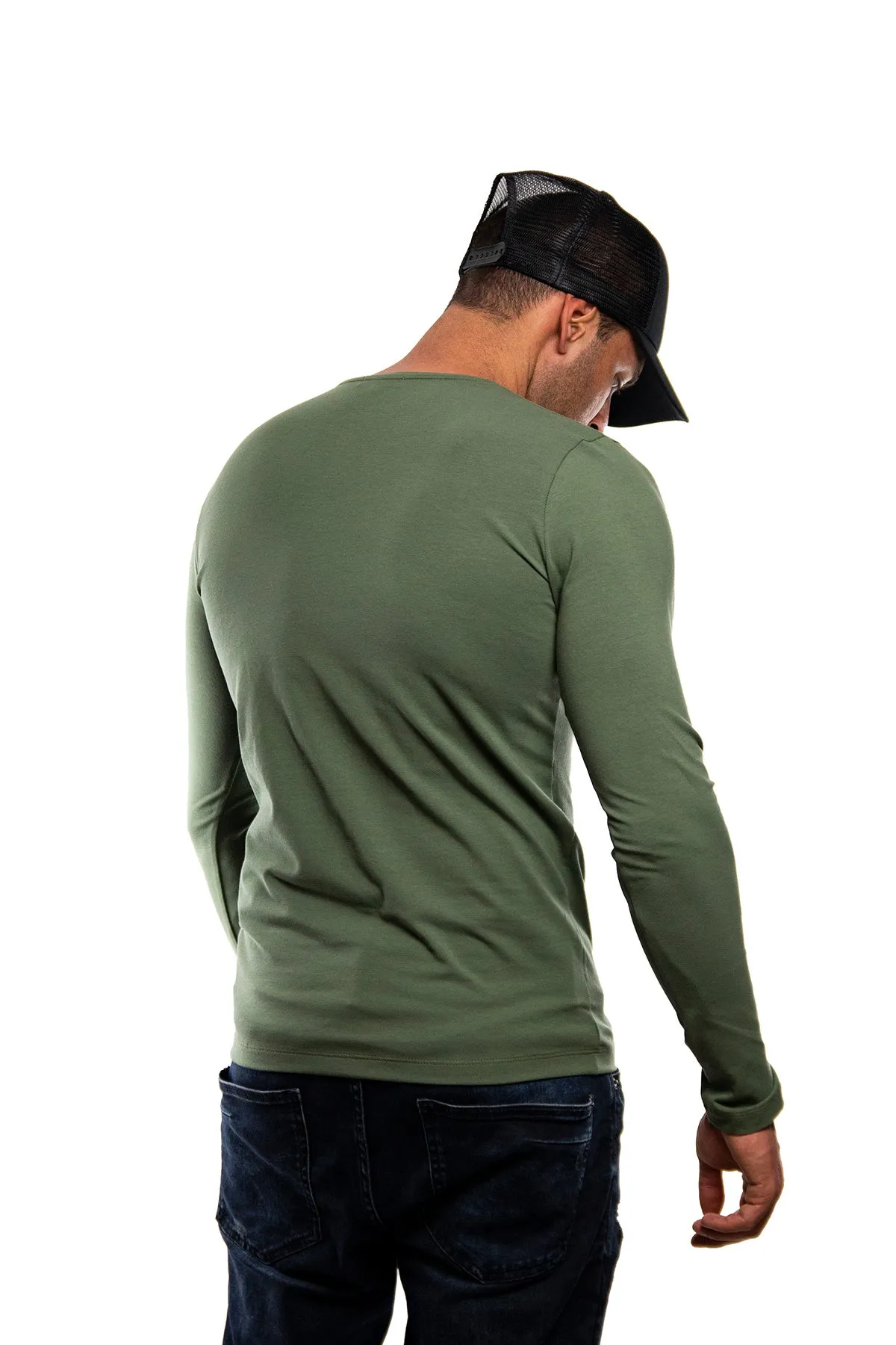 Plain Army Green Crew Neck Long Sleeve T-shirt / Khaki Color