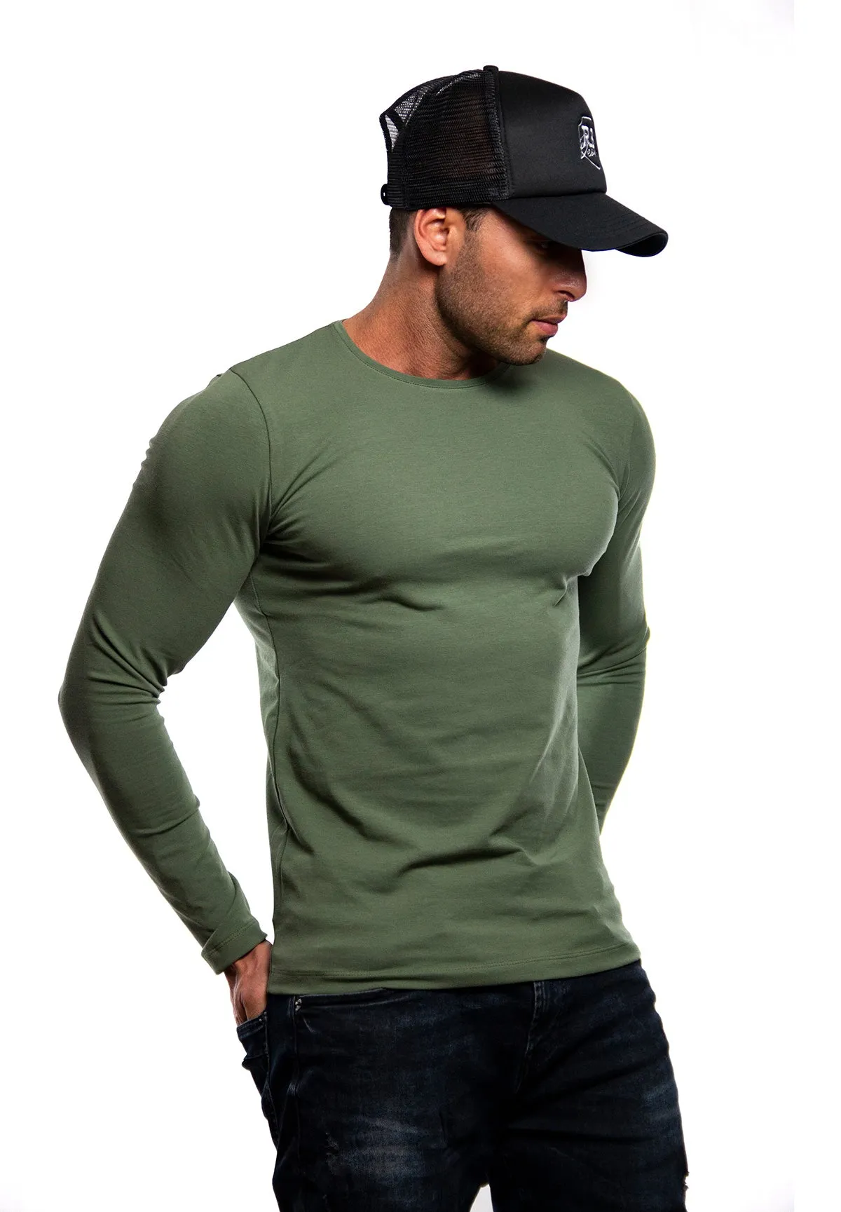 Plain Army Green Crew Neck Long Sleeve T-shirt / Khaki Color