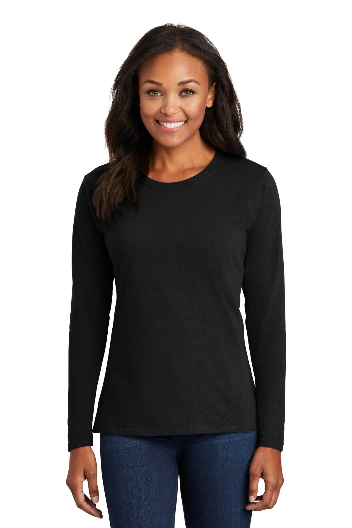 Port & Company Ladies Long Sleeve Branded Core Cotton Tee's, Jet Black