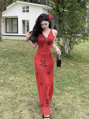 Printed red V-neck suspender dress for women sexy and elegant holiday dress       S5458