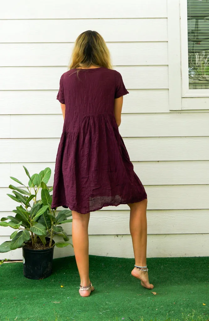 Purple Plum Natural Raw Crinkled Cotton Midi Dress with Pocket