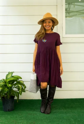 Purple Plum Natural Raw Crinkled Cotton Midi Dress with Pocket