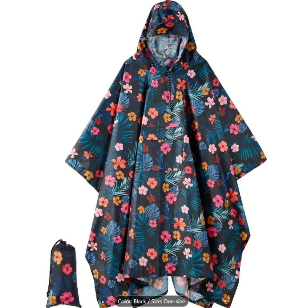 Raincoat Poncho Hooded Floral Pattern Windbreaker With Pocket