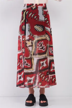 Red & Multi Vintage Graphic Print High-Waisted Two Front Slits Maxi Skirt /1-2-2-1