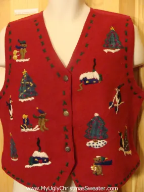 Red Christmas Sweater Vest with Penguins and Bears