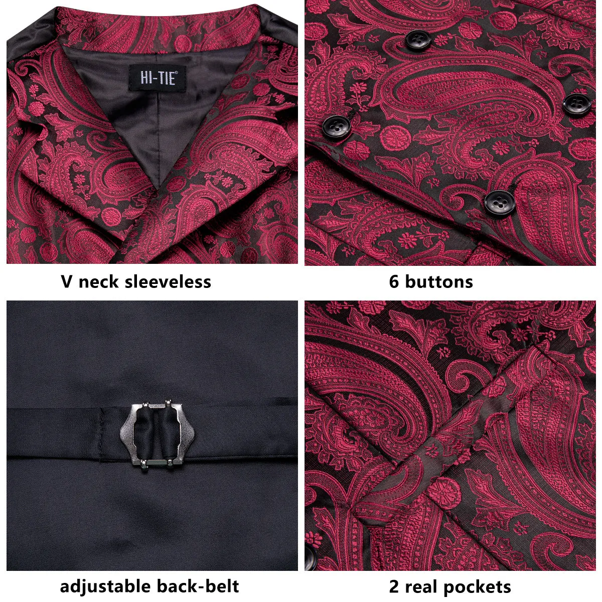 Red Paisley Men's Collar Vest Hanky Cufflinks Tie Set