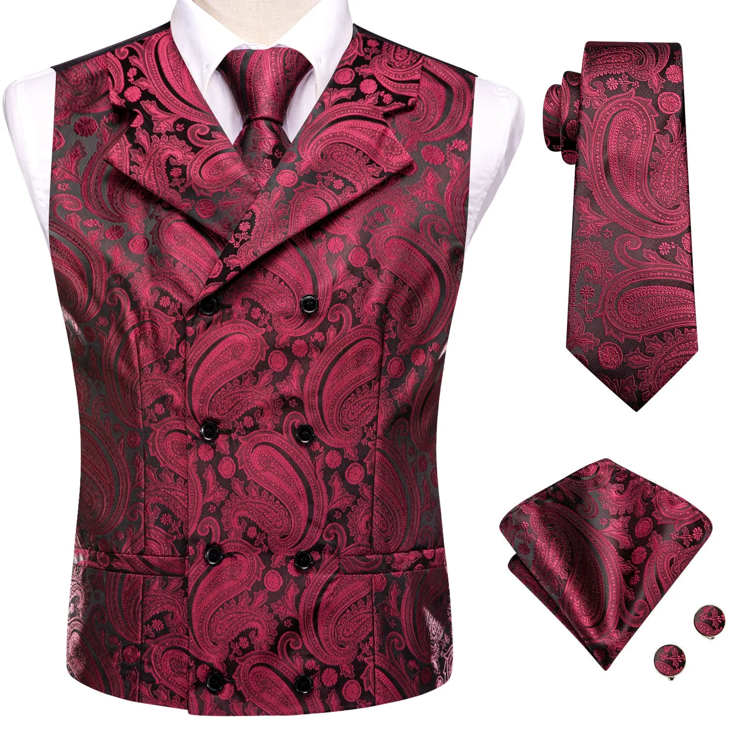 Red Paisley Men's Collar Vest Hanky Cufflinks Tie Set