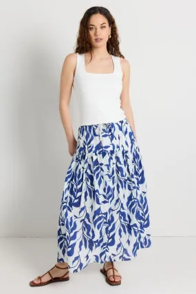 Remedy Blue Leaves Print Tie Waist Tiered Maxi Skirt