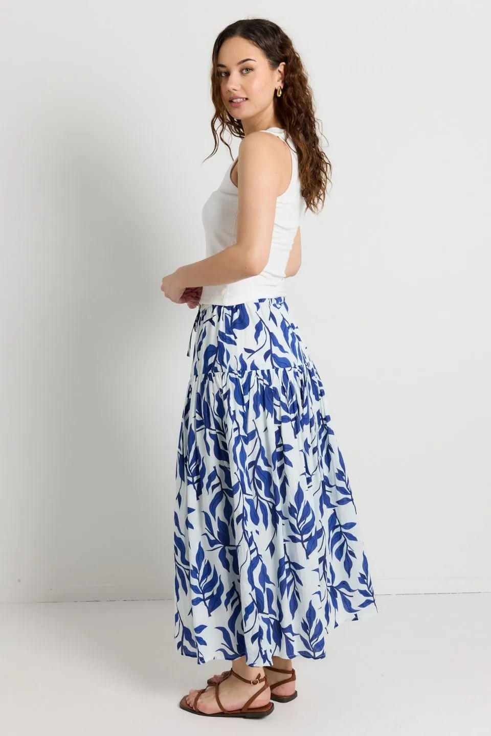 Remedy Blue Leaves Print Tie Waist Tiered Maxi Skirt