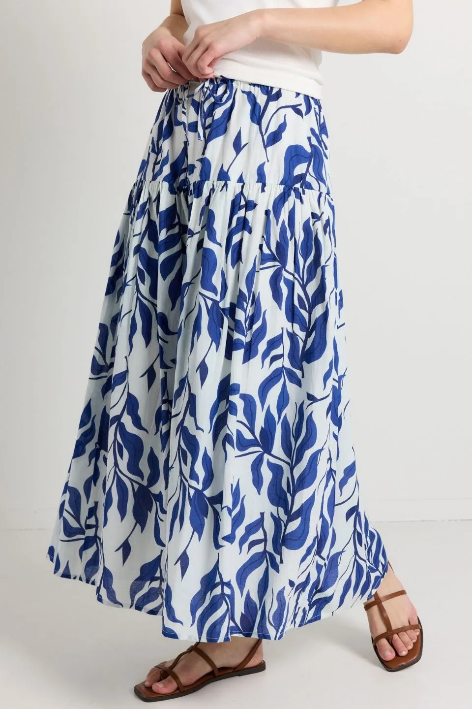 Remedy Blue Leaves Print Tie Waist Tiered Maxi Skirt