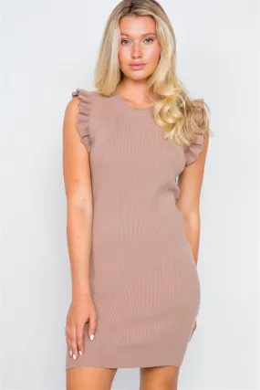 Ruffle Sleeve Mocha Knit Ribbed Bodycon Mini Dress