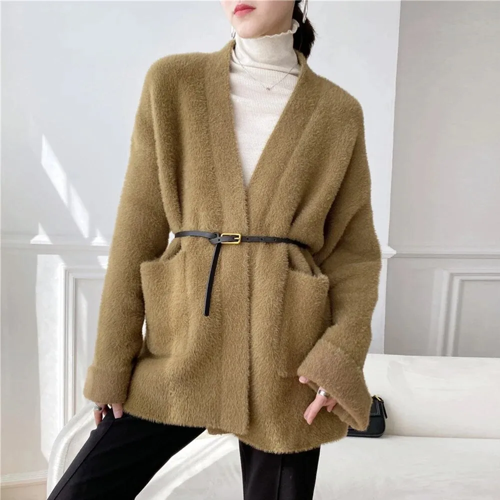 Sashes Cardigan For Women V Neck Long Sleeve Patchwork Pockets Knitting Casual Sweater Female Clothing Fashion