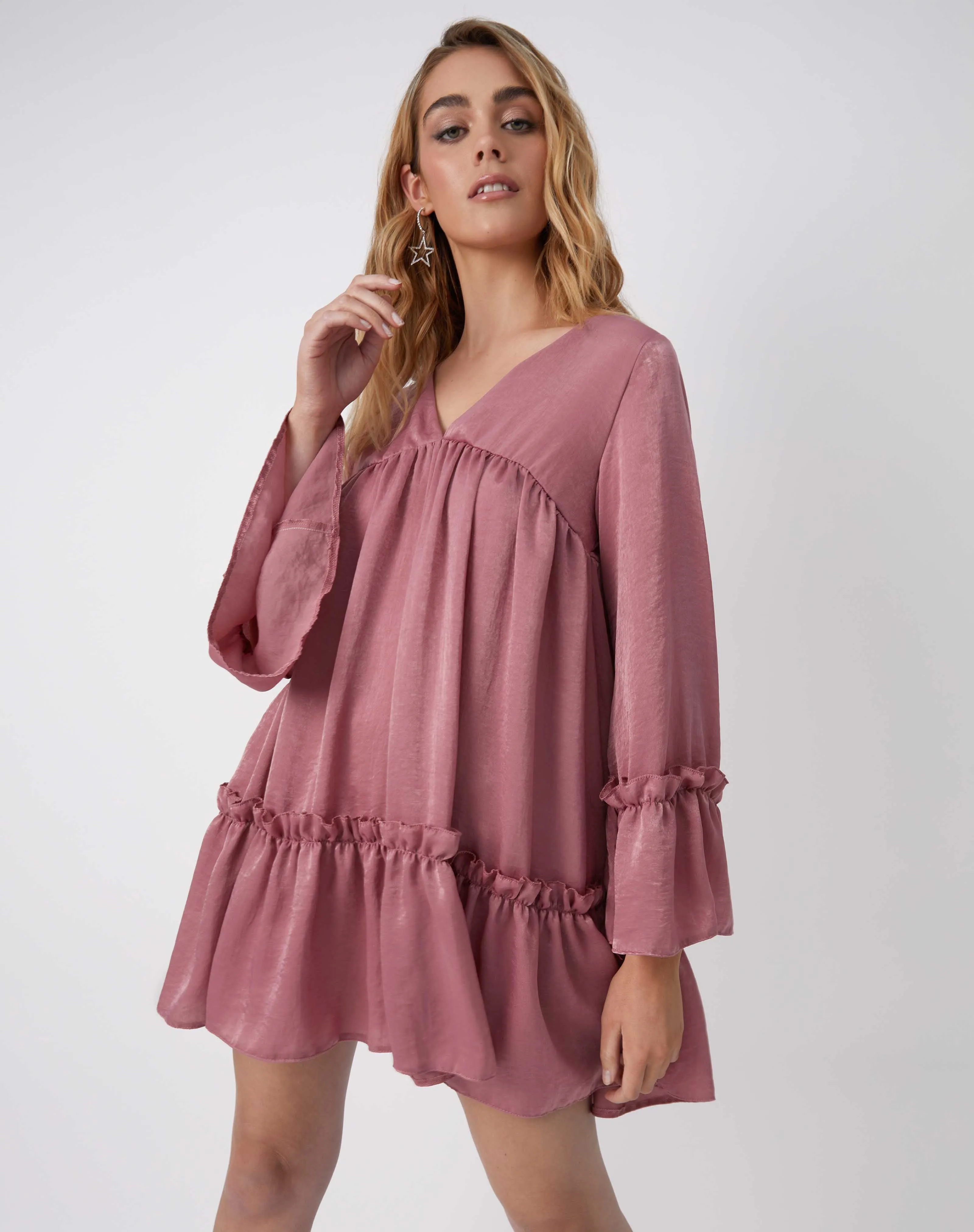 Satin Long Sleeve Mini Babydoll Dress in Pink | Regina