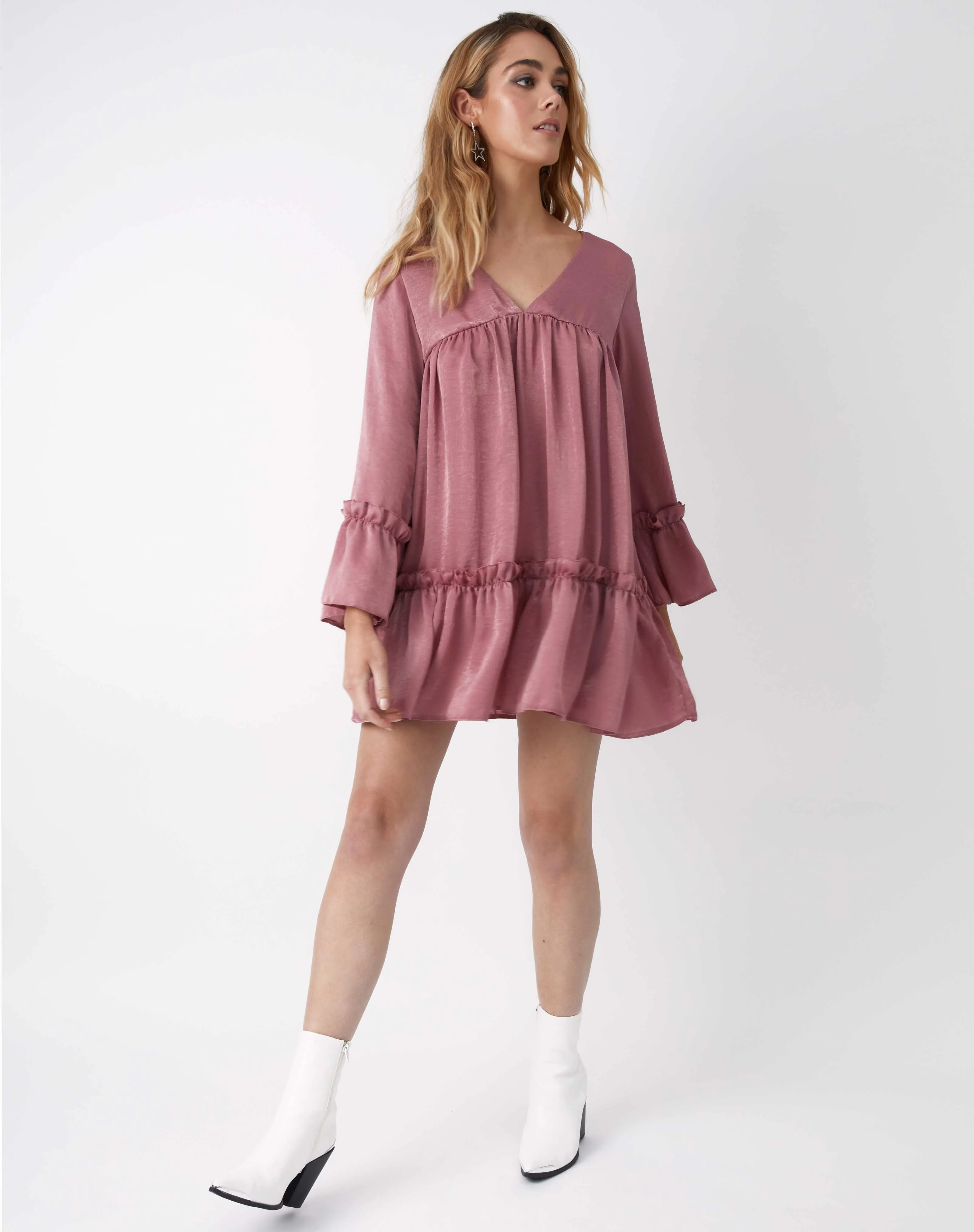 Satin Long Sleeve Mini Babydoll Dress in Pink | Regina