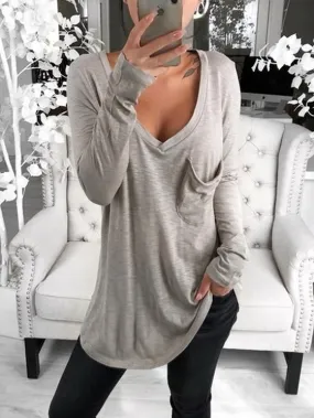 Sexy V-neck Loose Pocket Long Sleeved T Shirt