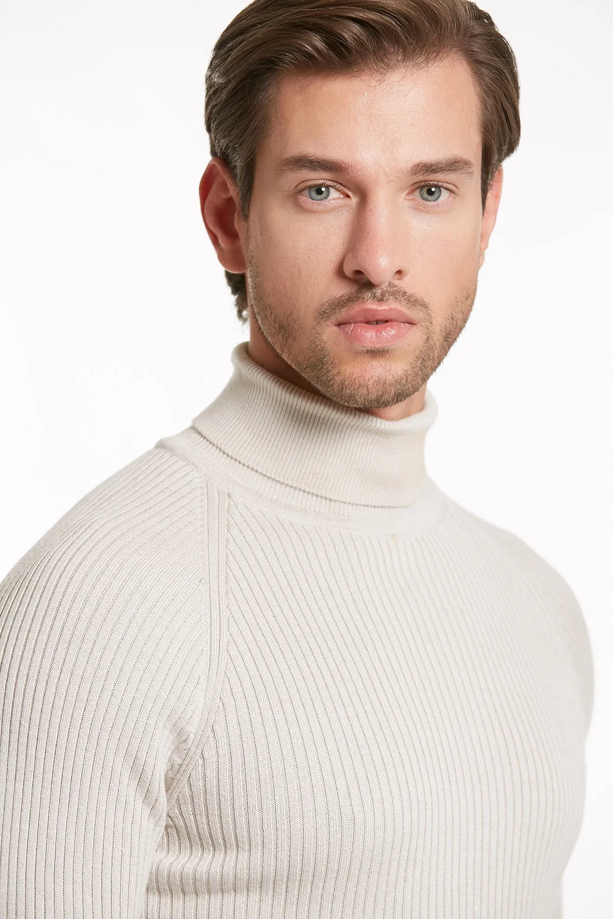 Slim Fit Patterned Gray Turtleneck Sweater, Light Gray