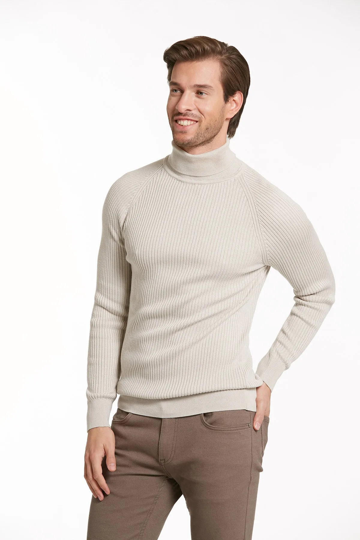 Slim Fit Patterned Gray Turtleneck Sweater, Light Gray