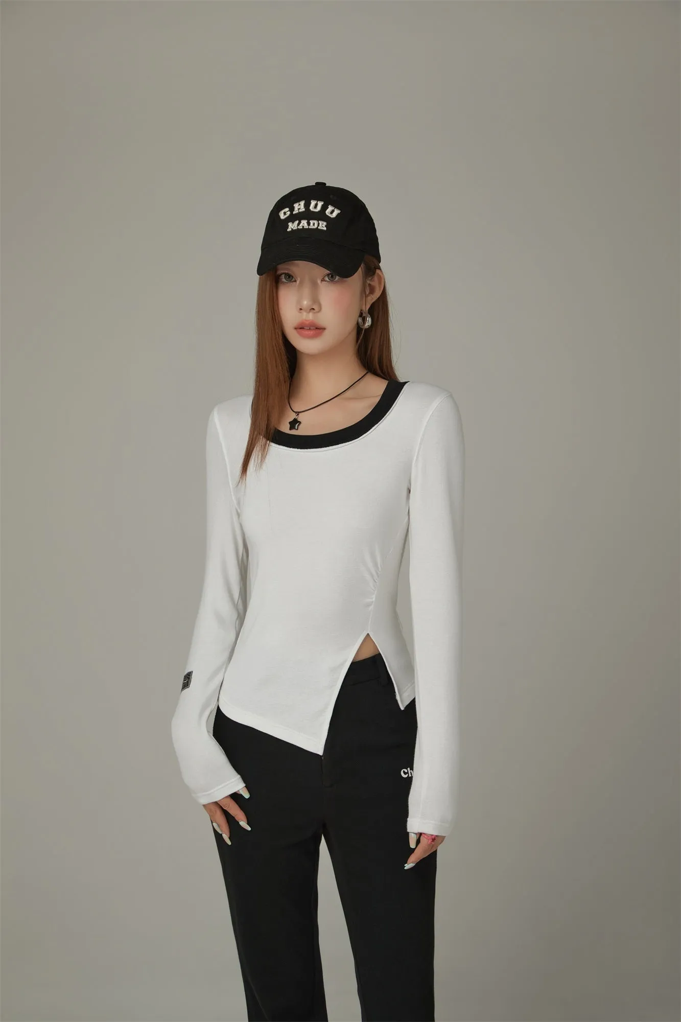 Slit Long Sleeve Simple T-Shirt