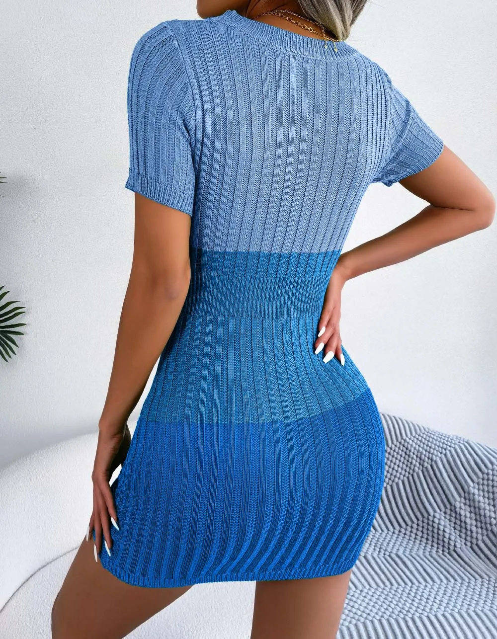 Solid-color Round Neck Cutout Short Sleeve Knit Bodycon Dresses