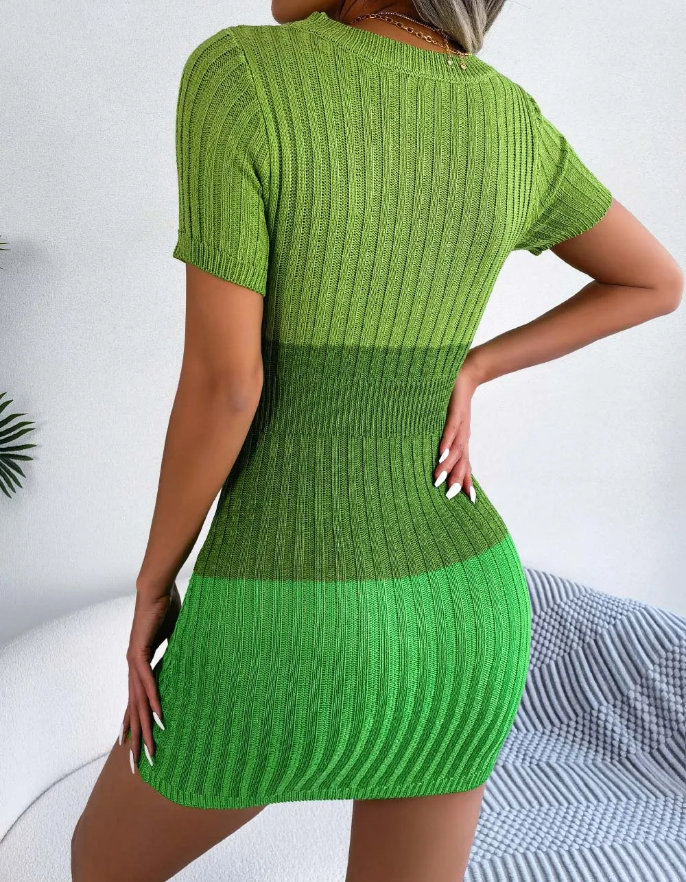 Solid-color Round Neck Cutout Short Sleeve Knit Bodycon Dresses