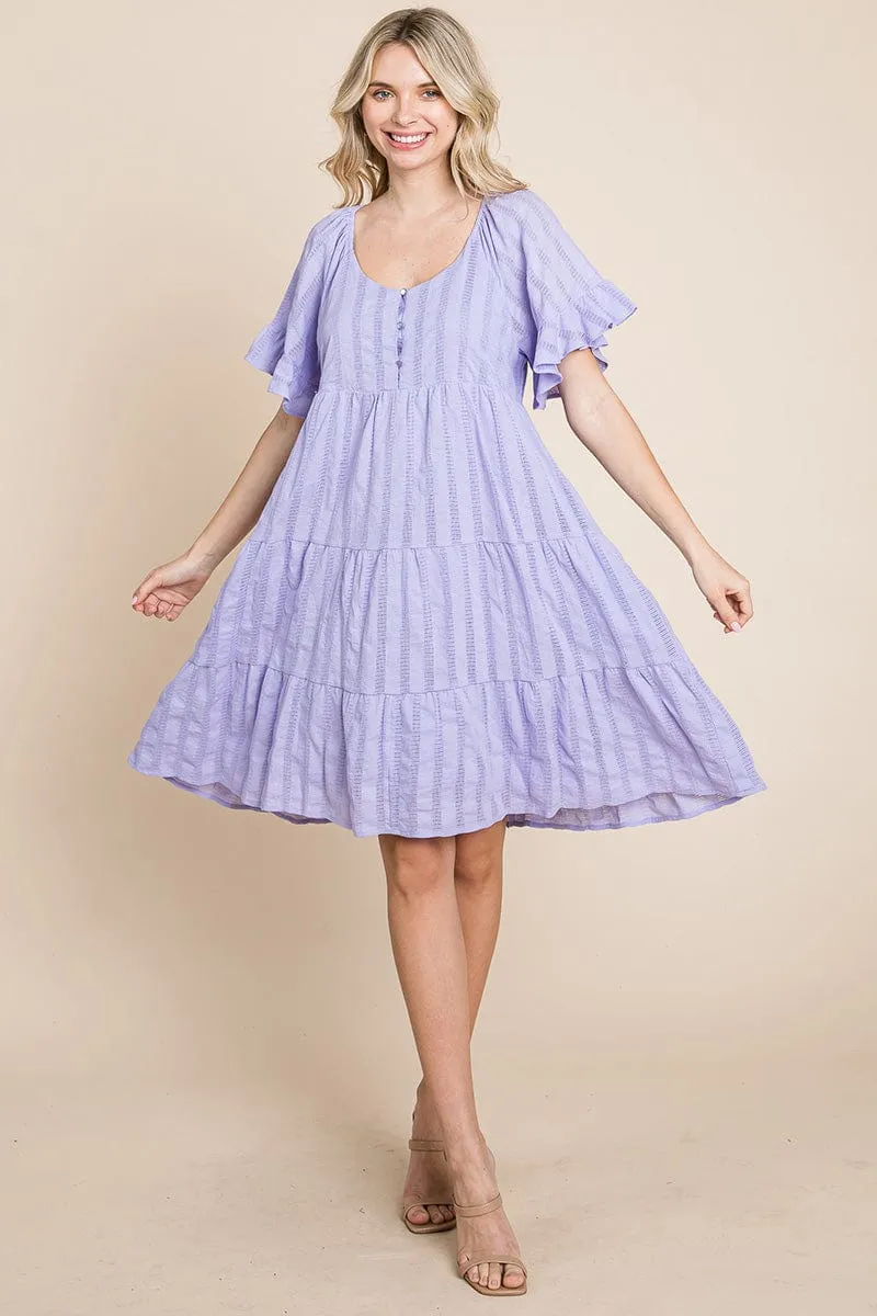 Stripe Textured Tiered Flutter Sleeve Cotton Dress