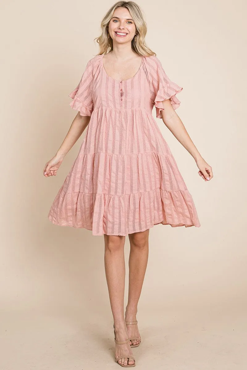 Stripe Textured Tiered Flutter Sleeve Cotton Dress