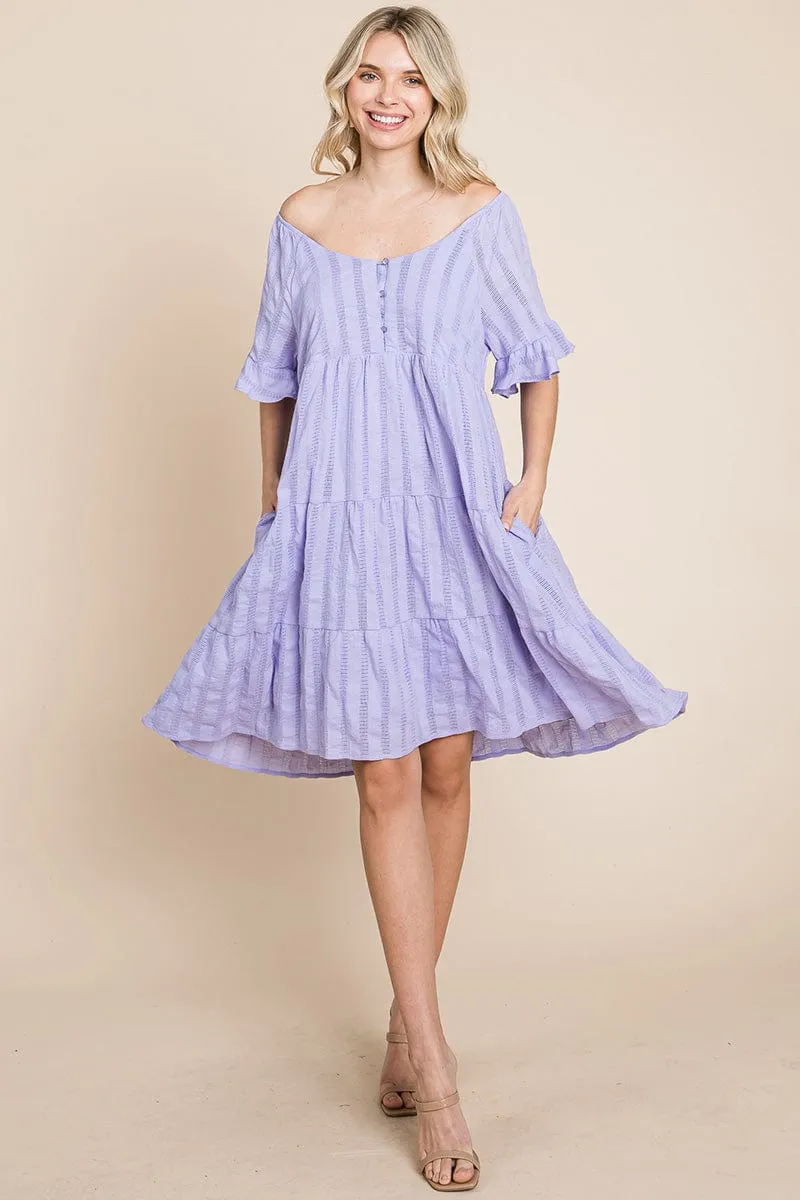 Stripe Textured Tiered Flutter Sleeve Cotton Dress