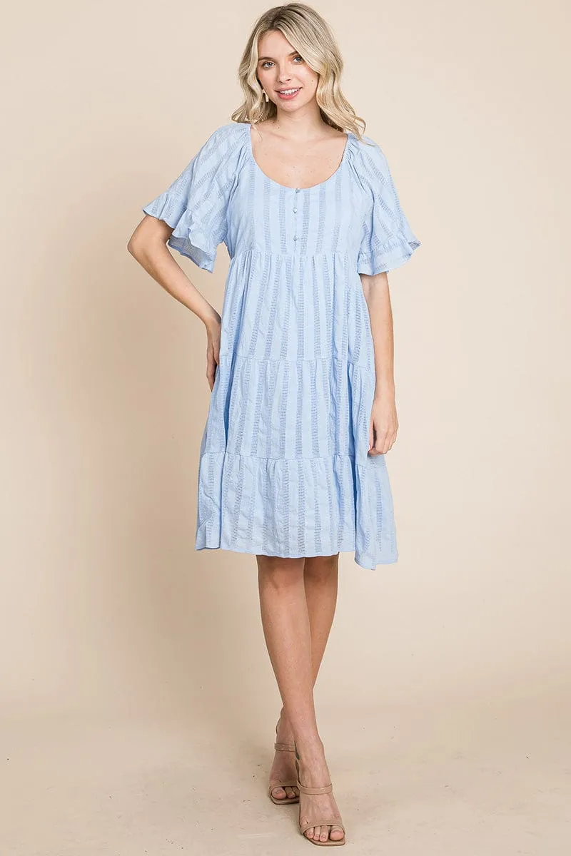 Stripe Textured Tiered Flutter Sleeve Cotton Dress