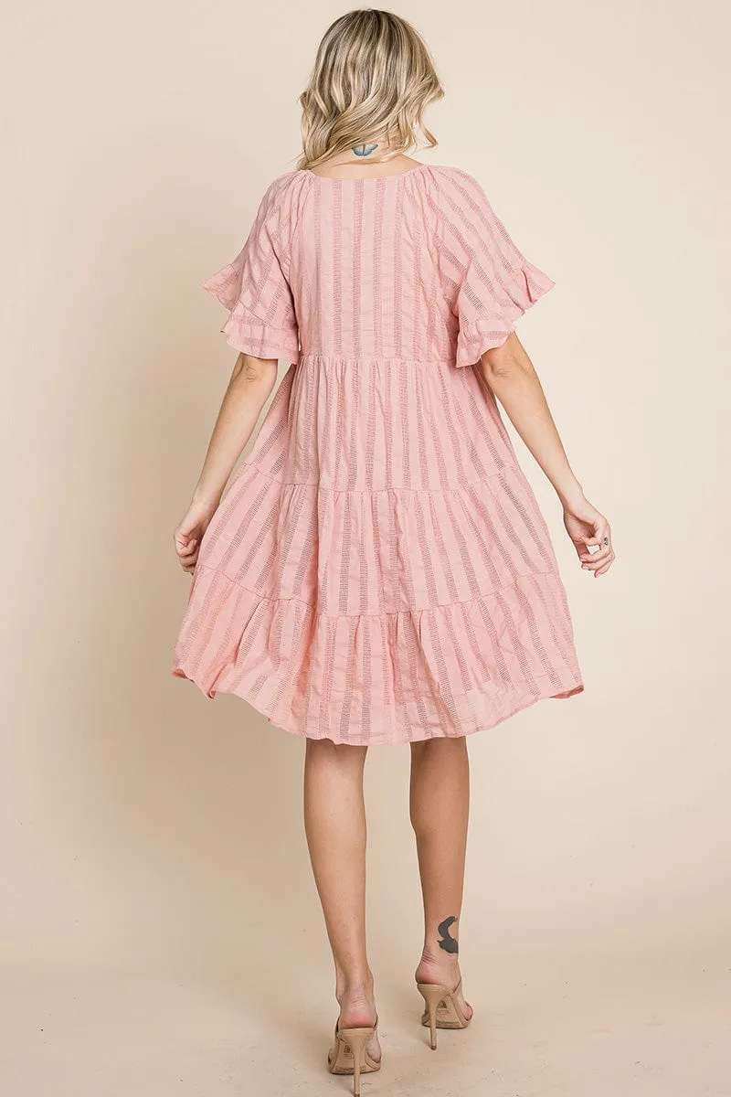 Stripe Textured Tiered Flutter Sleeve Cotton Dress