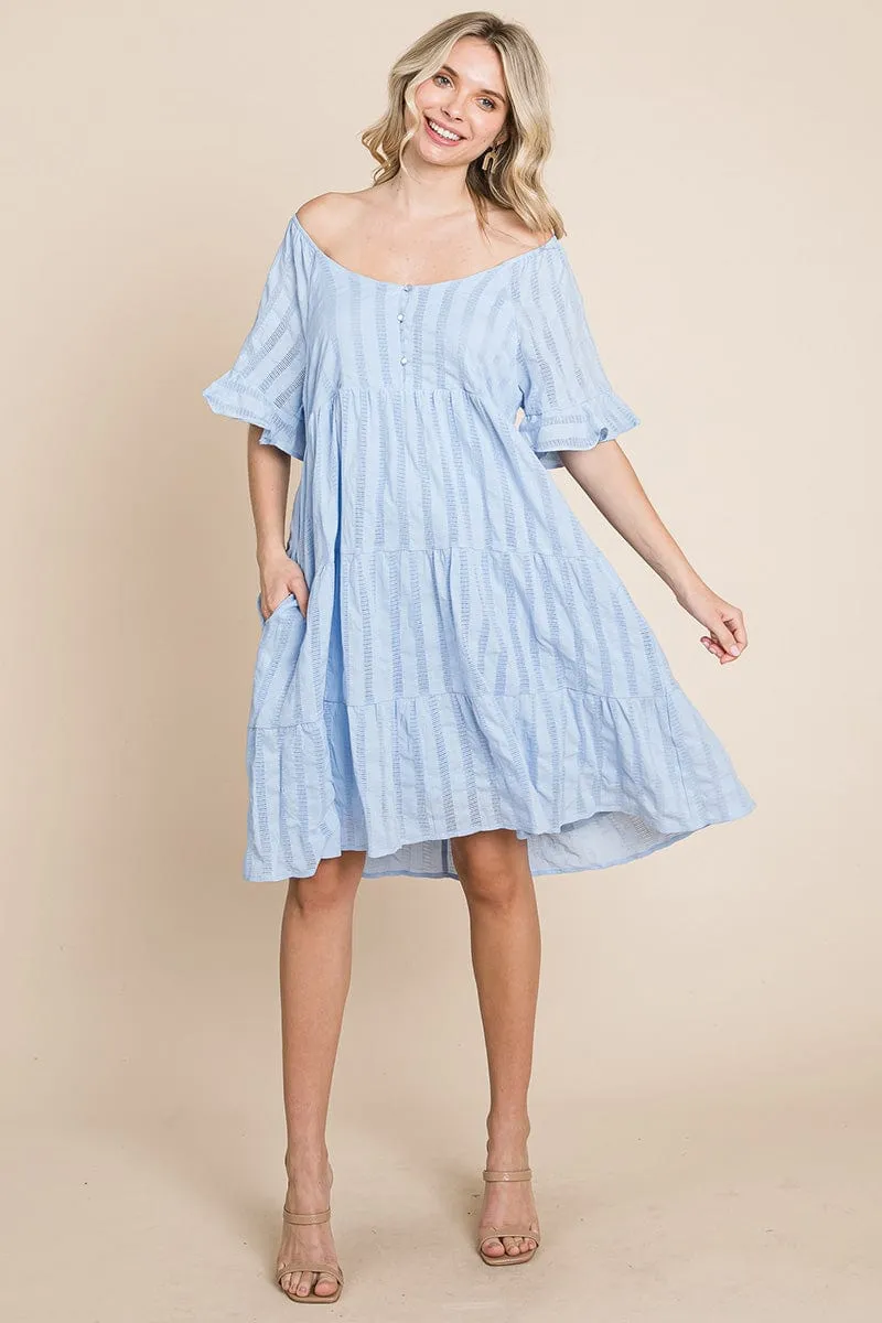 Stripe Textured Tiered Flutter Sleeve Cotton Dress