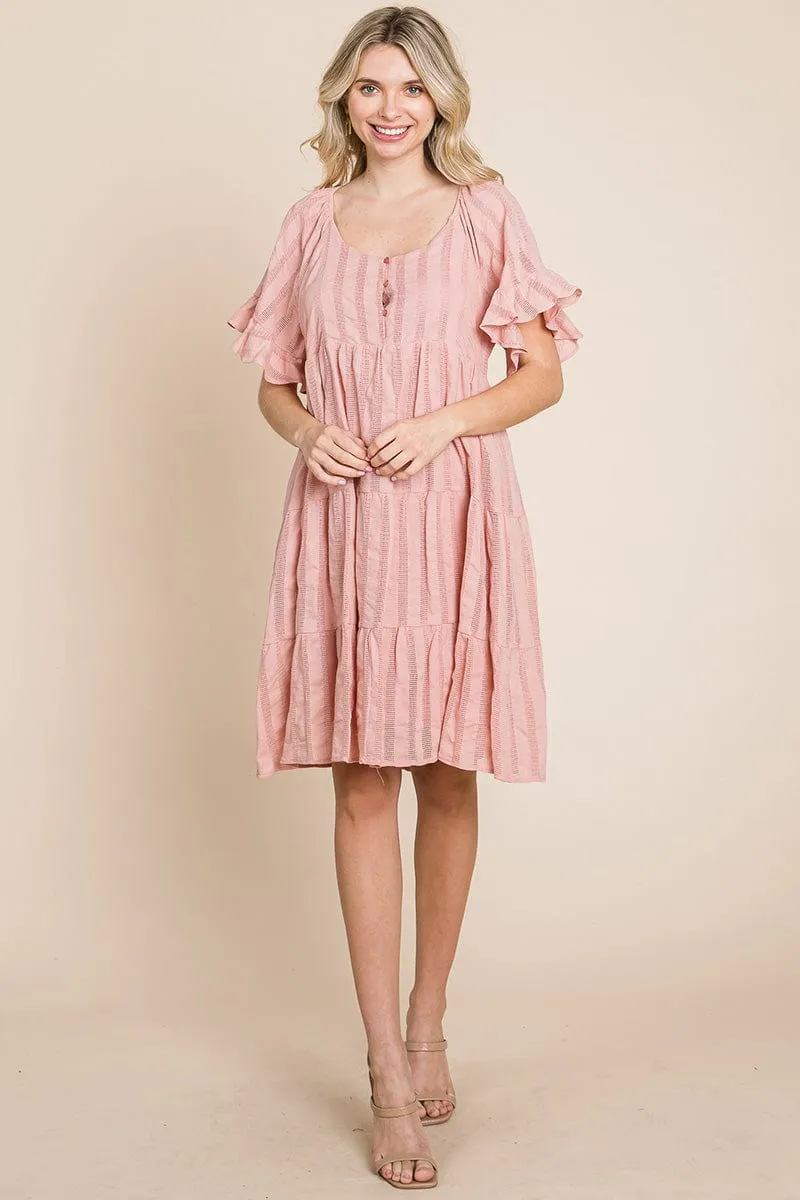 Stripe Textured Tiered Flutter Sleeve Cotton Dress