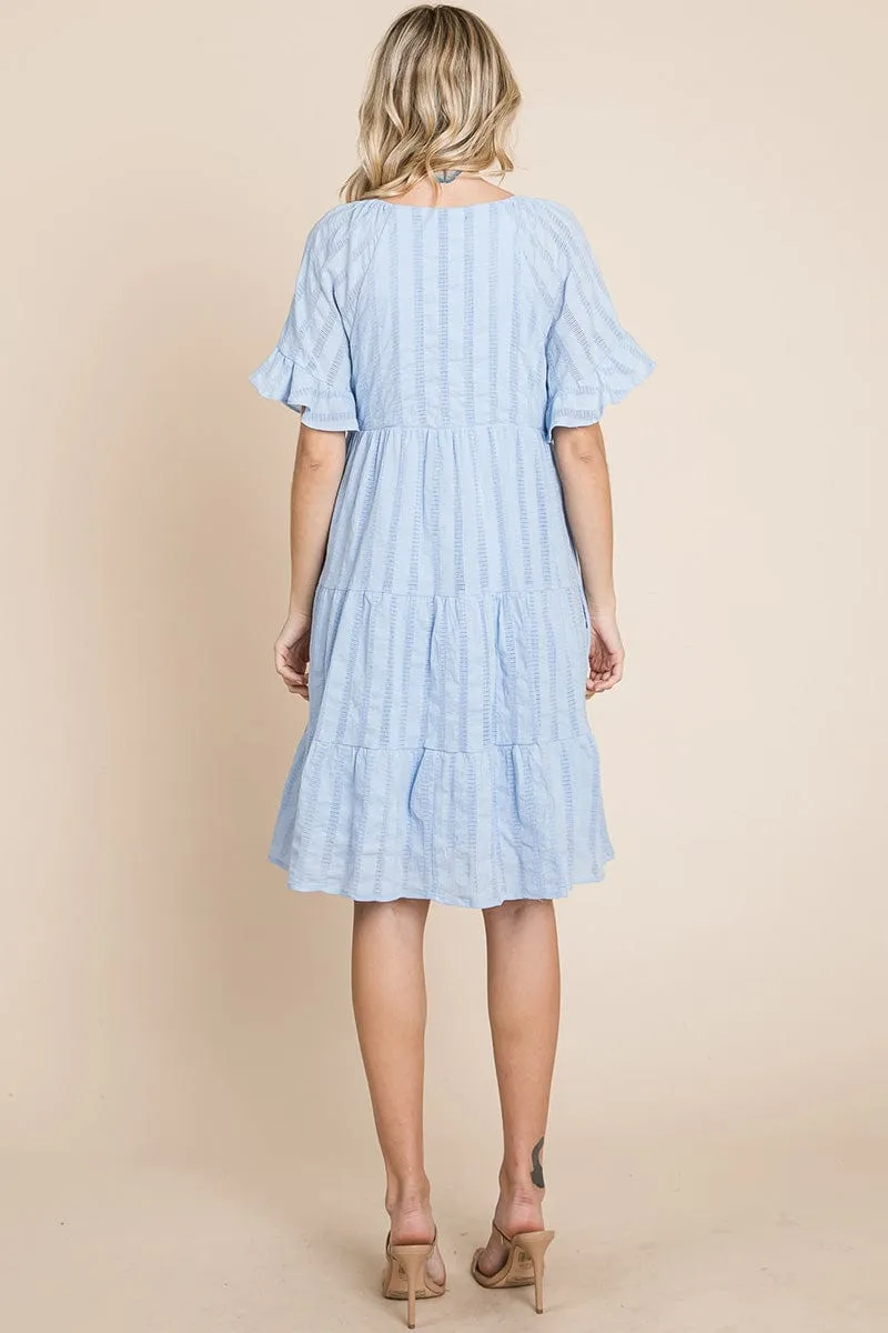 Stripe Textured Tiered Flutter Sleeve Cotton Dress