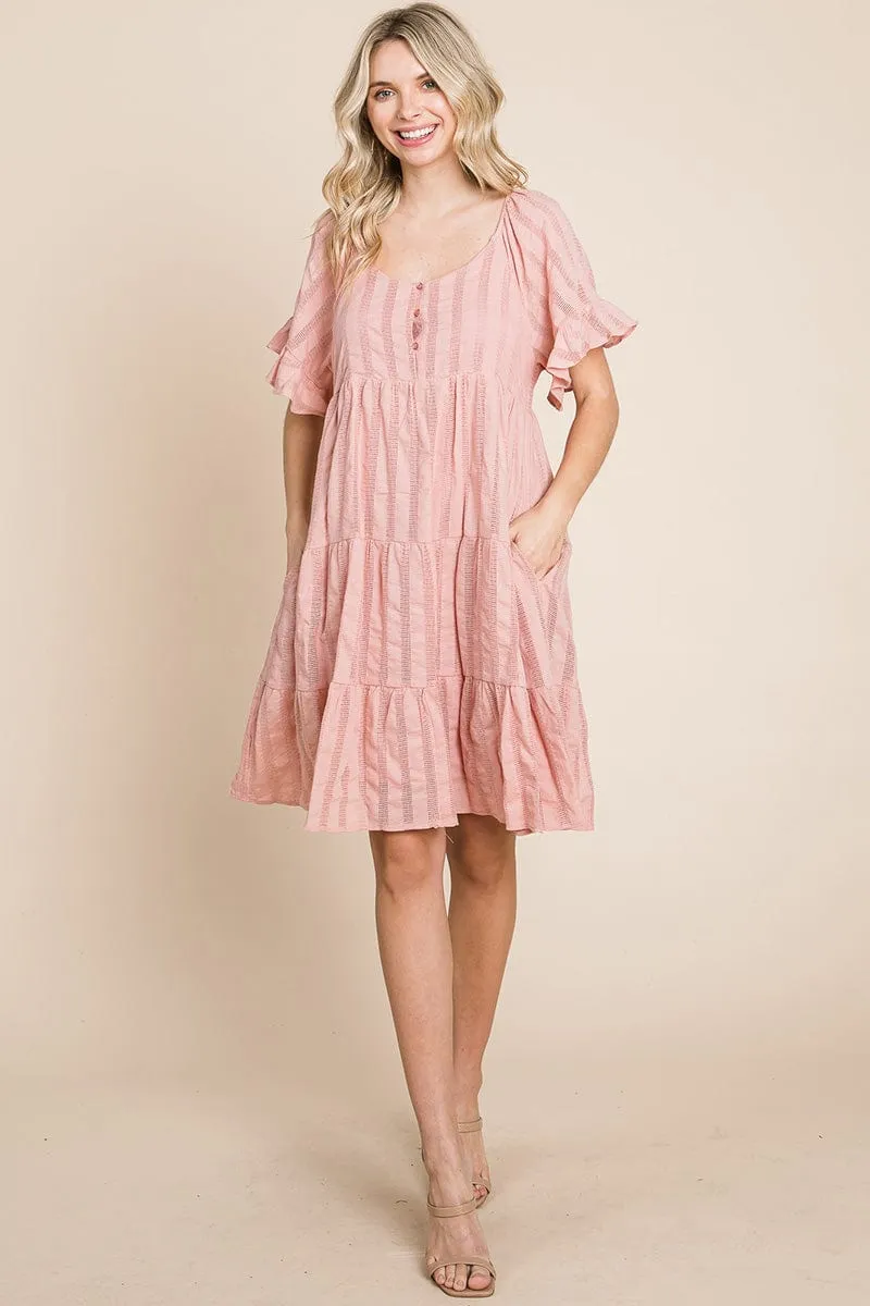 Stripe Textured Tiered Flutter Sleeve Cotton Dress