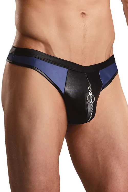 Stylish Leather Zipper Pouch Thong in Blue and Black