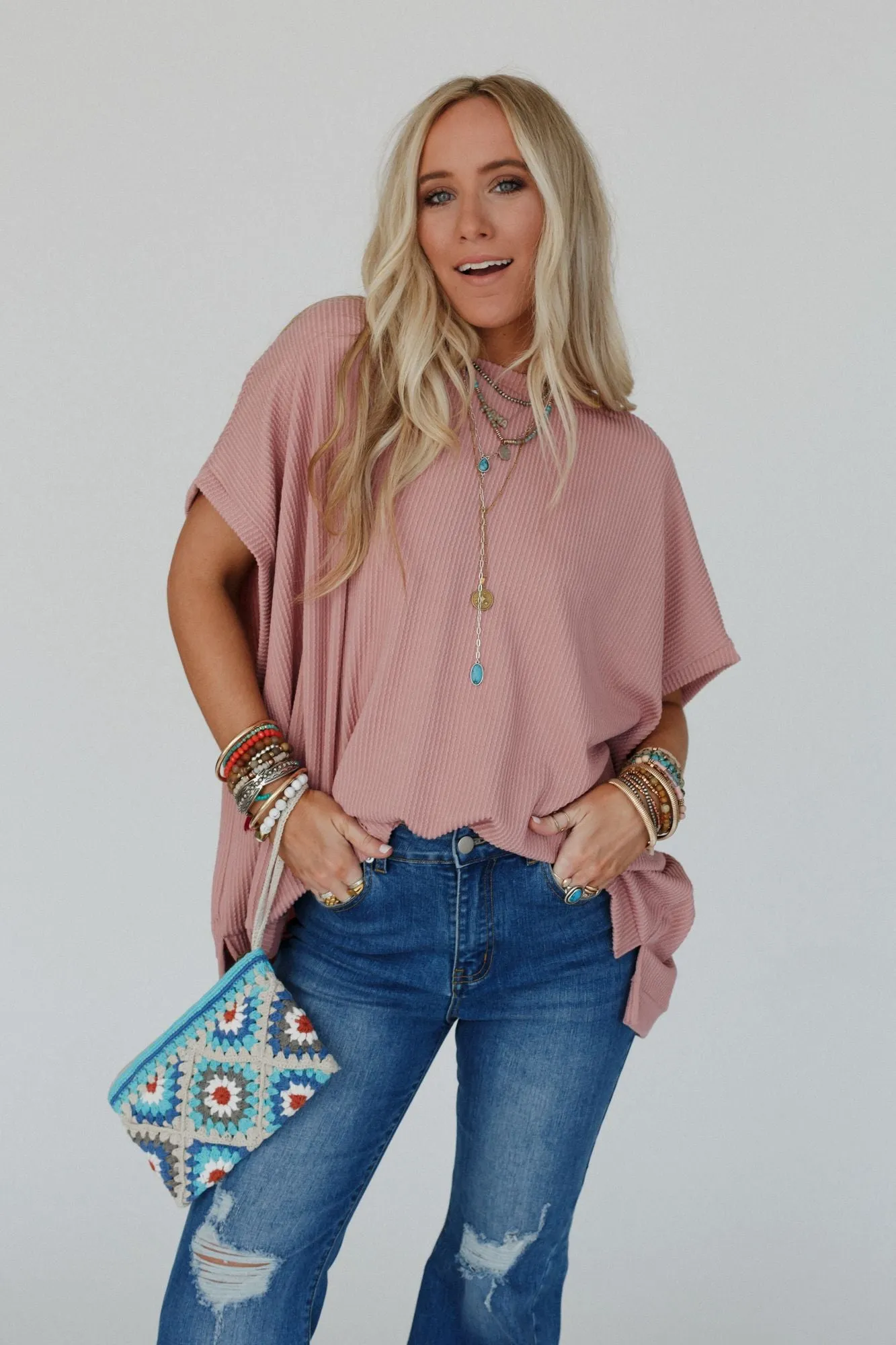 The Nest Moon Glow Texture Knit Top - Rose Faded