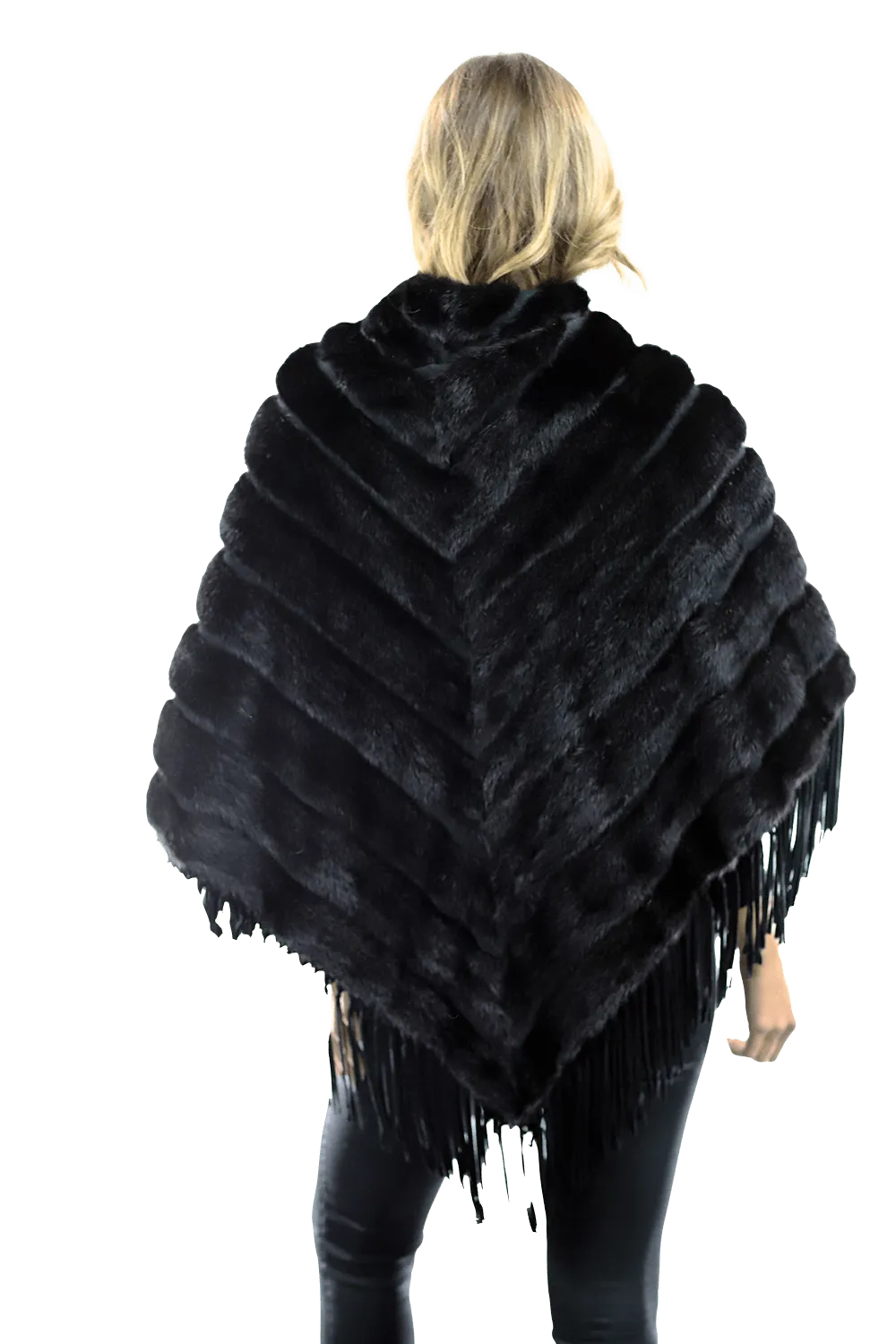 Tonal Ribbed Mink Poncho with Leather Fringes - Black