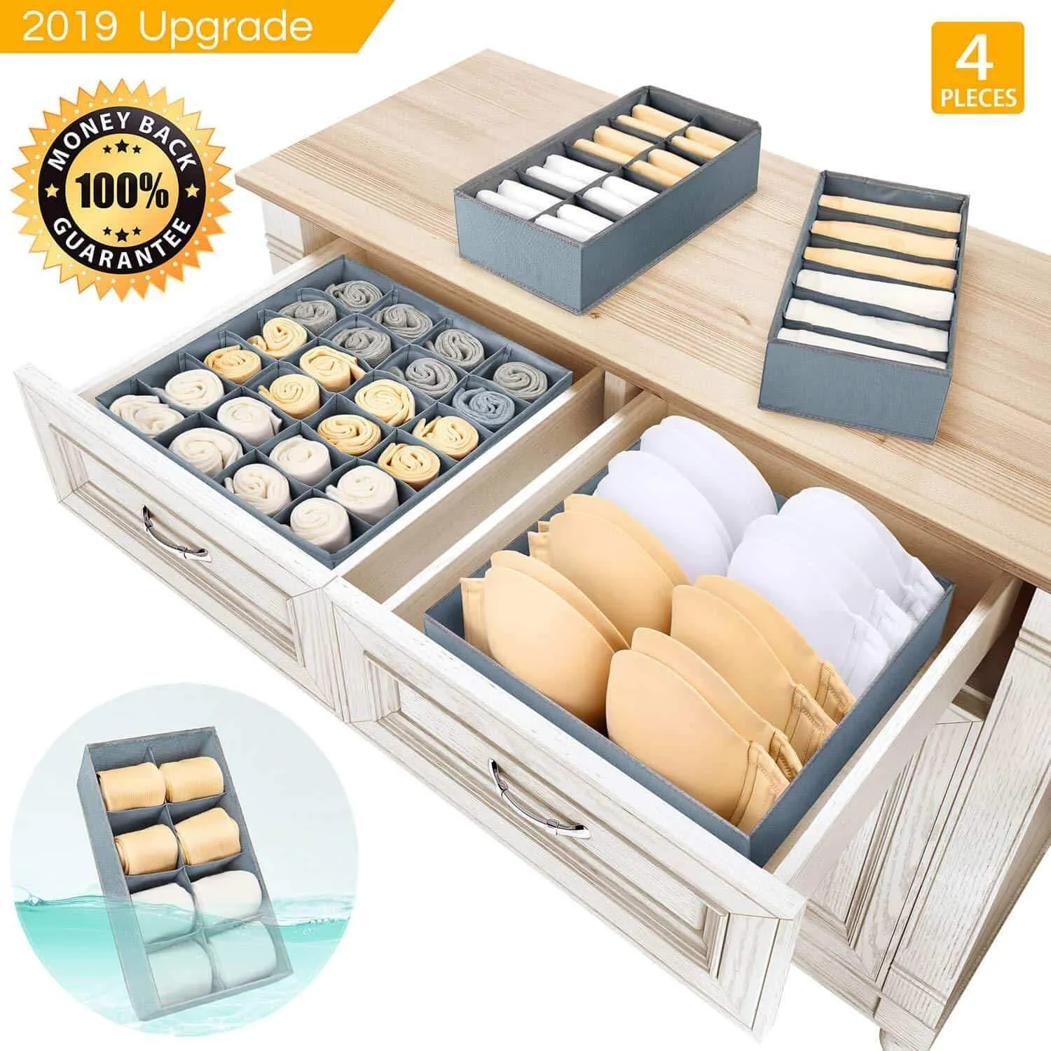 Underwear Organizer Dresser Drawer Organizer - Foldable Closet Drawer Dividers Washable Sock Organizer Storage Bra Box Fabric Bin for Baby Clothes,Panties,Lingeries,Ties,Belts