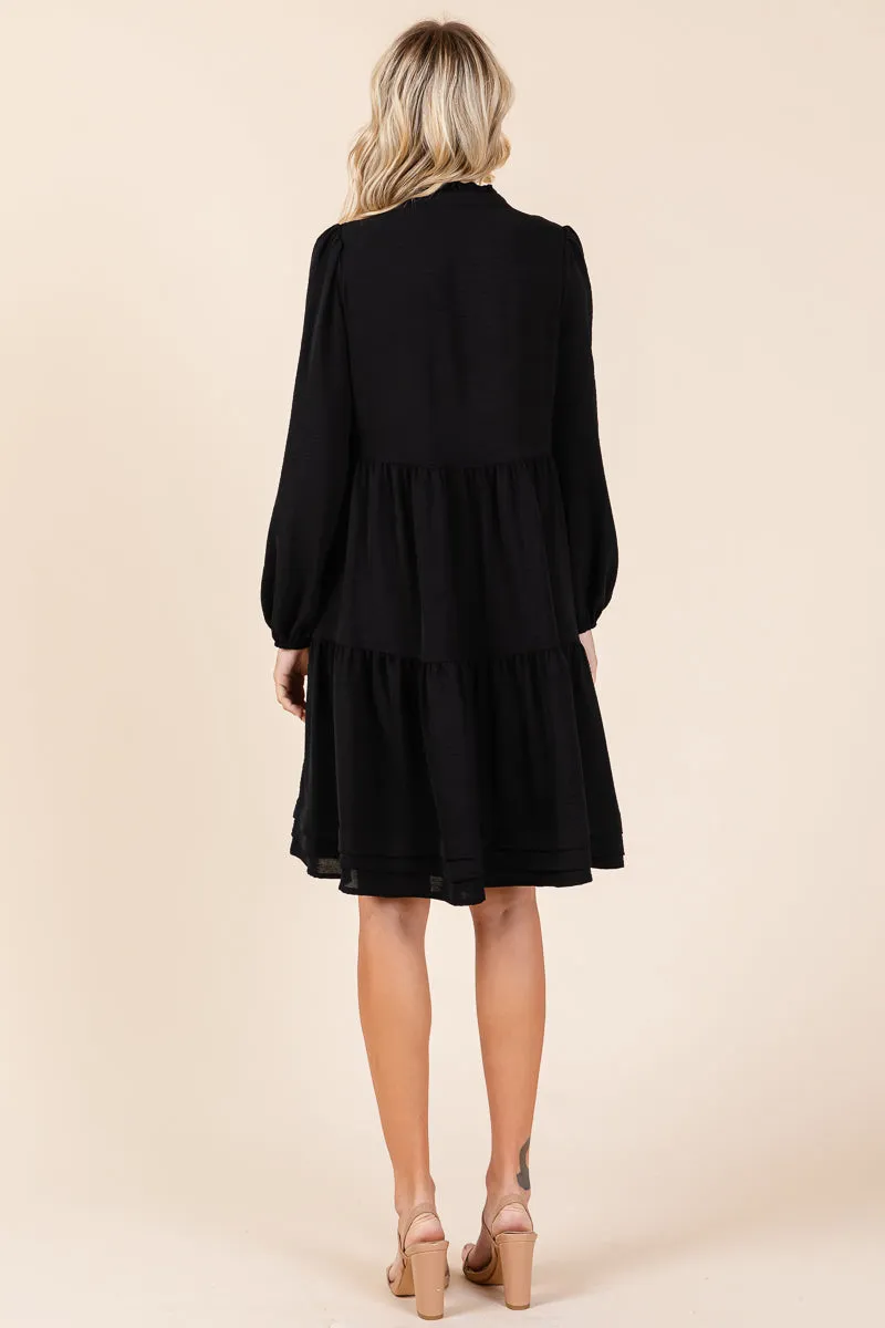 V Neck Long Sleeve Tiered Ruffle Hem Dress