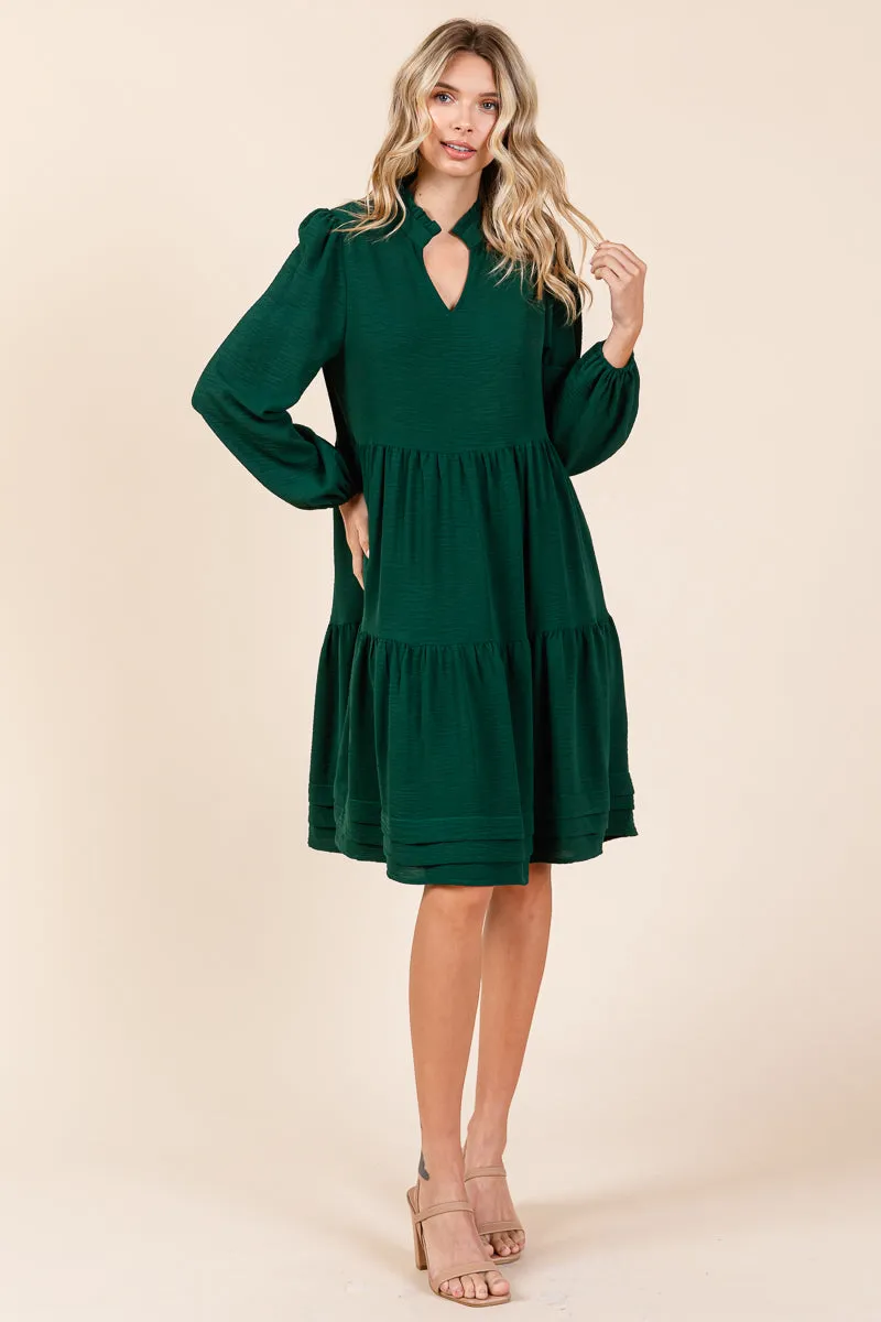 V Neck Long Sleeve Tiered Ruffle Hem Dress