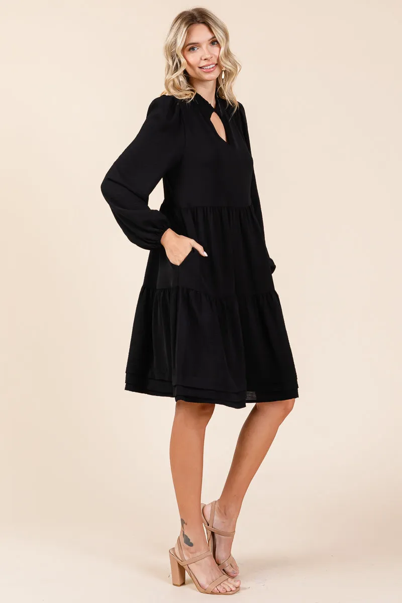 V Neck Long Sleeve Tiered Ruffle Hem Dress