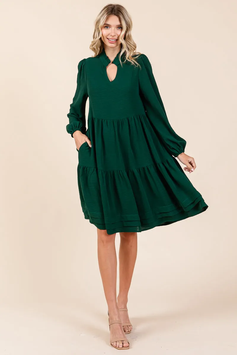 V Neck Long Sleeve Tiered Ruffle Hem Dress