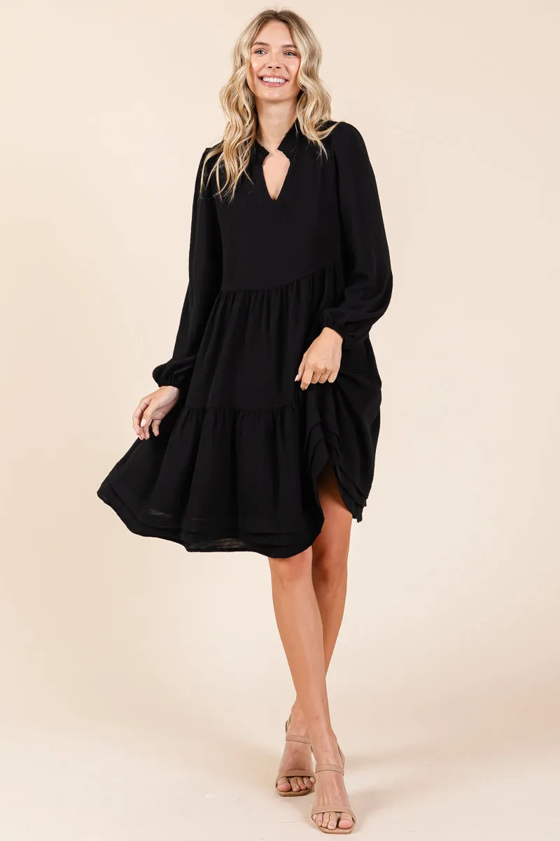 V Neck Long Sleeve Tiered Ruffle Hem Dress