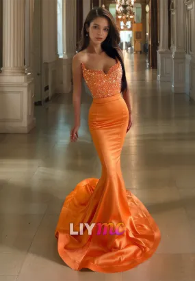 V-Neck Sleeveless Beaded Bodycon Mermaid Prom Dress