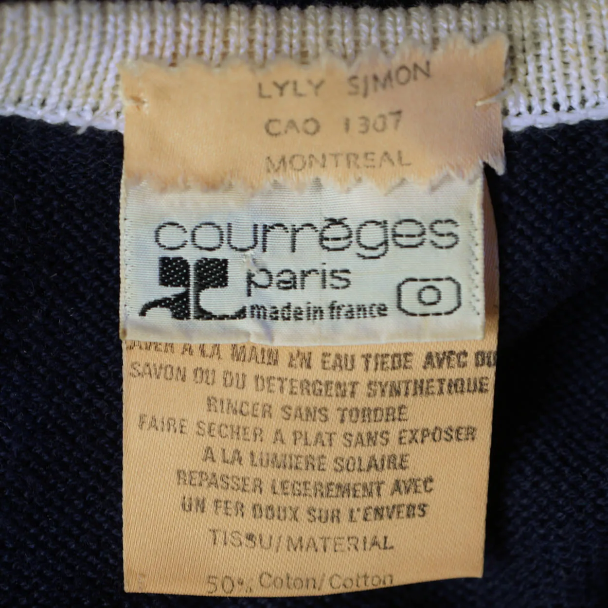 Vintage 1970s Courreges Paris Logo Sweater Top Blue Cotton Acrylic Blend Knit S